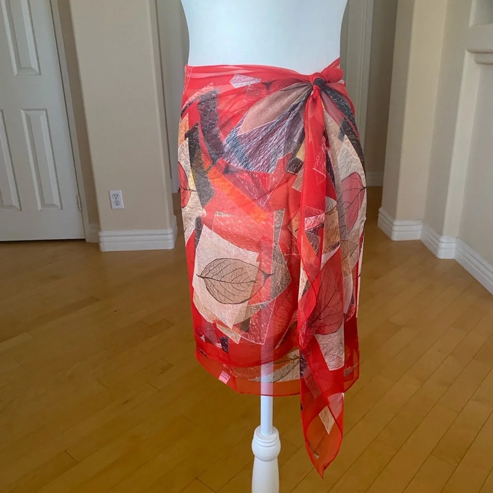 Vibrant Red Leaf Patterned Scarf Sarong Wrap